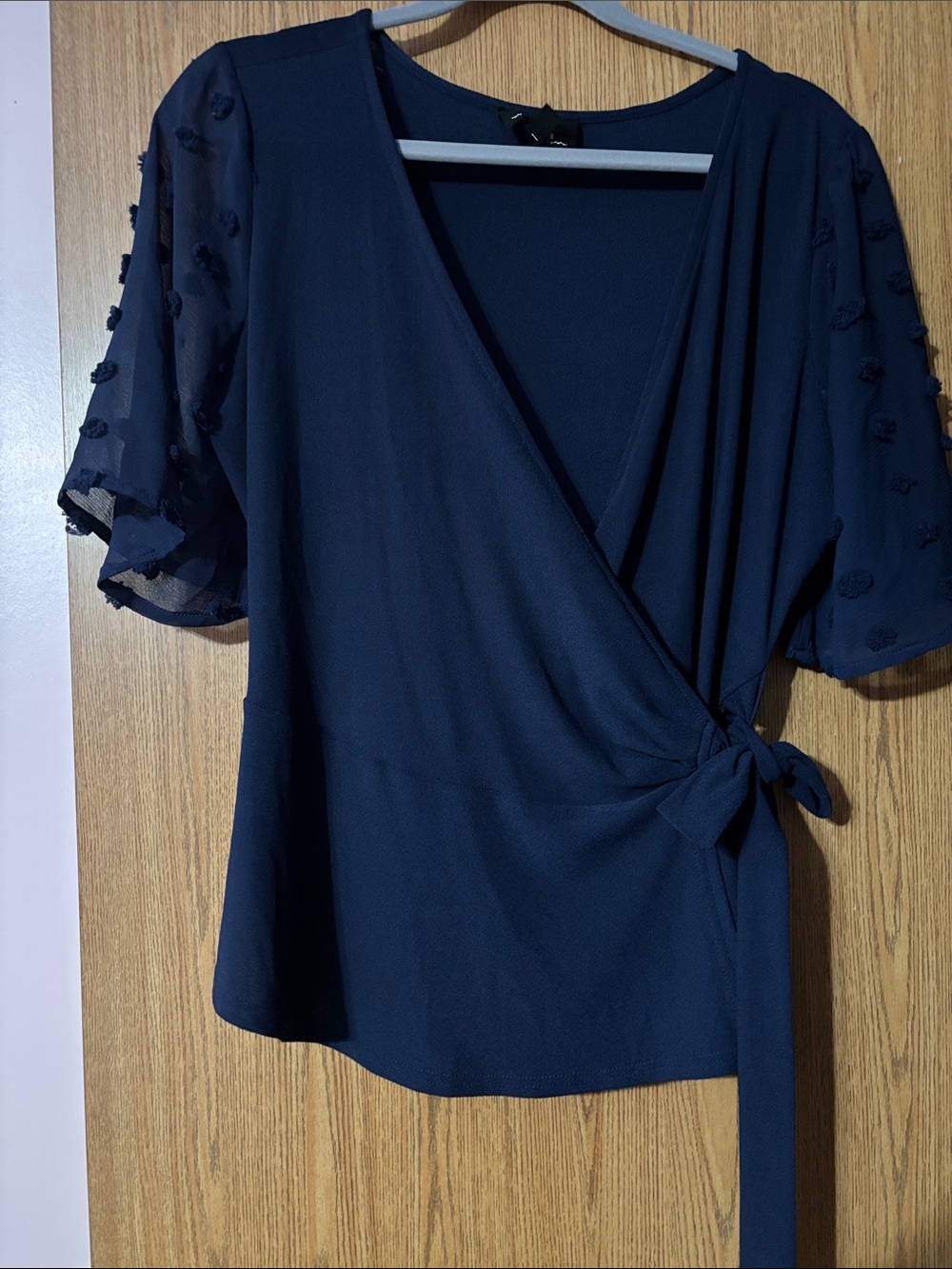 Women's Navy Wrap Blouse with Sheer Dot-Sleeves